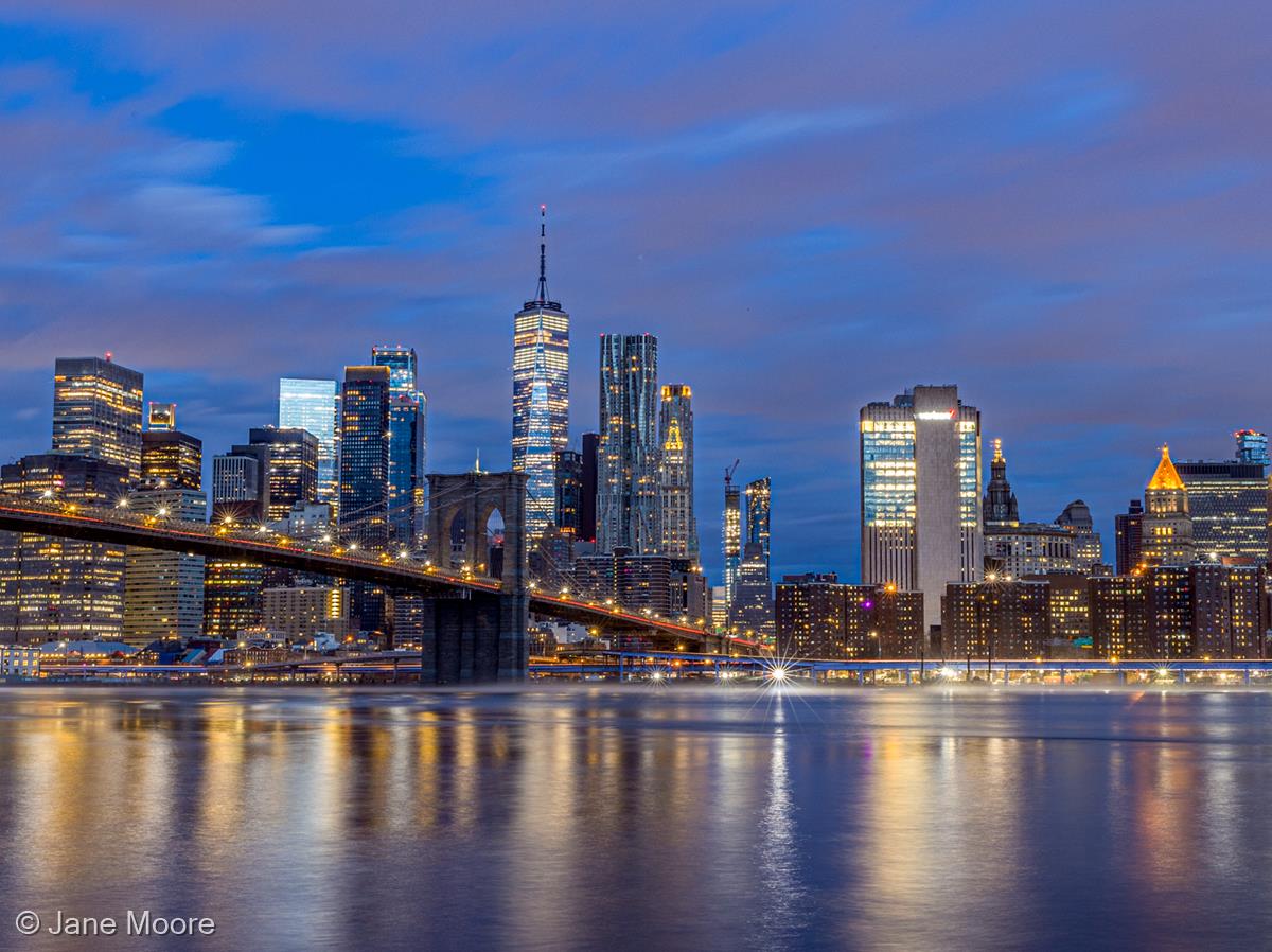 Lower Manhattan - Brooklyn Bridge - One World Trade Center by Jane Moore
